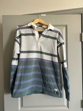 Vintage EMS  Long-Sleeve Striped Rugby Shirt - Gray, Green & Blue